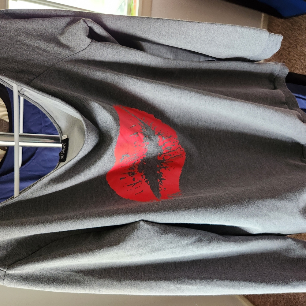Gray One Shoulder Sweatshirt with Red Lips Graphic